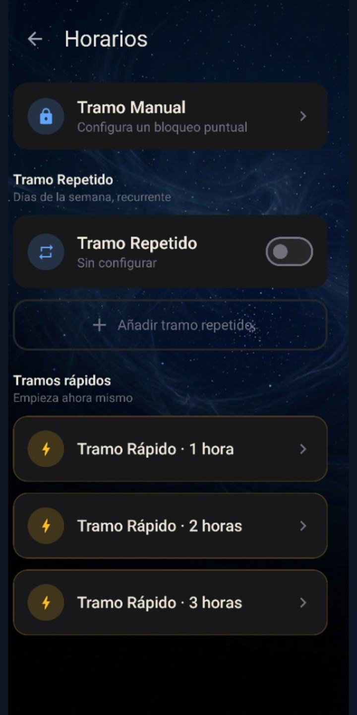 Pantalla de horarios de LAIZEN: tramo manual, tramo repetido y tramos rápidos